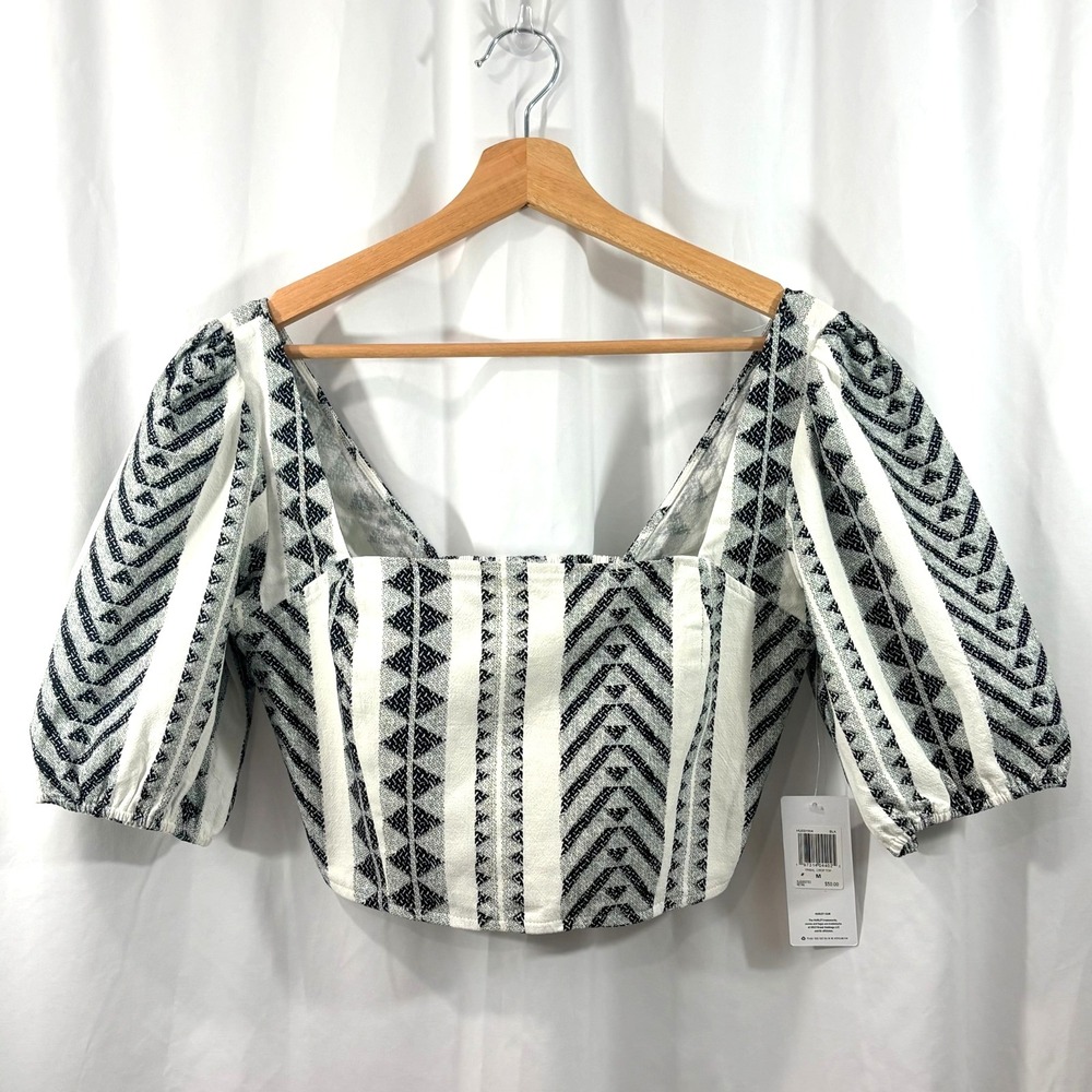 Hurley Tribal Print Puff Sleeve Crop Top-Black White-Size M-NWT Boho Festival